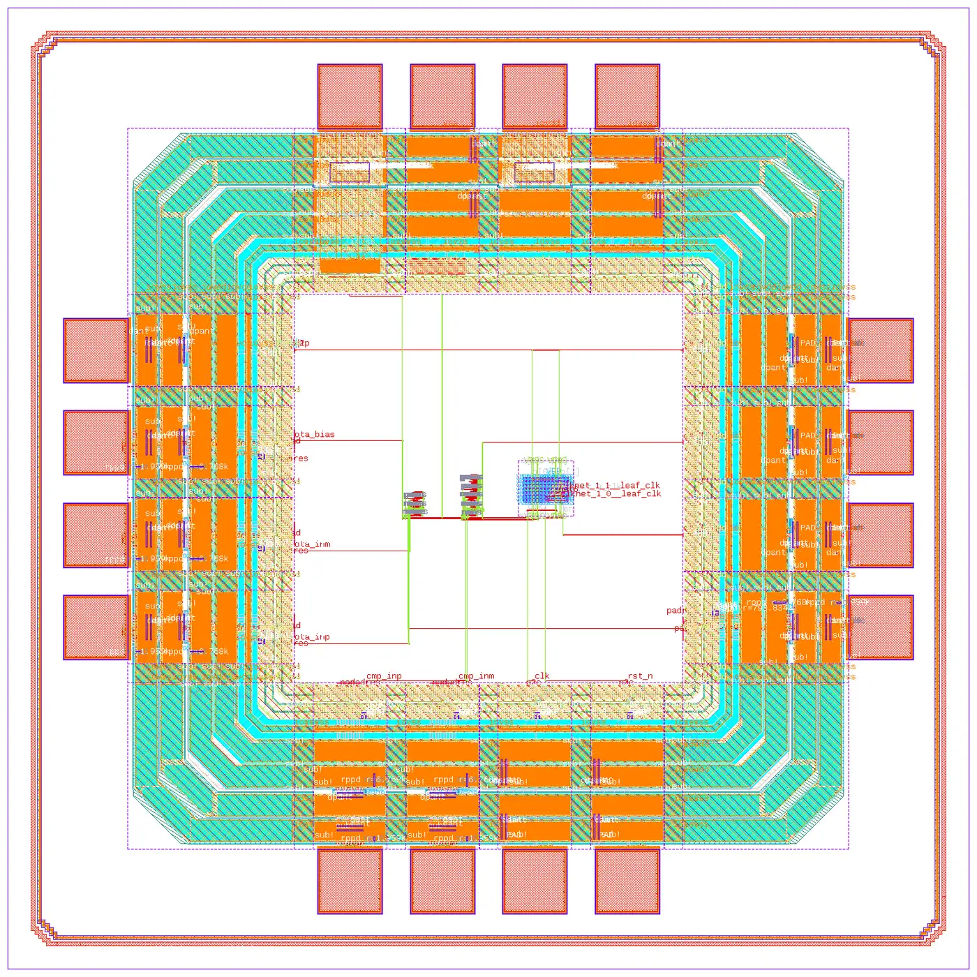 An analog-on-top chip assembled by aispice, drawn from its GDS: IHP's pad ring with 16 pads around a core holding the OTA, the StrongARM comparator and a two-bit counter hardened by LibreLane