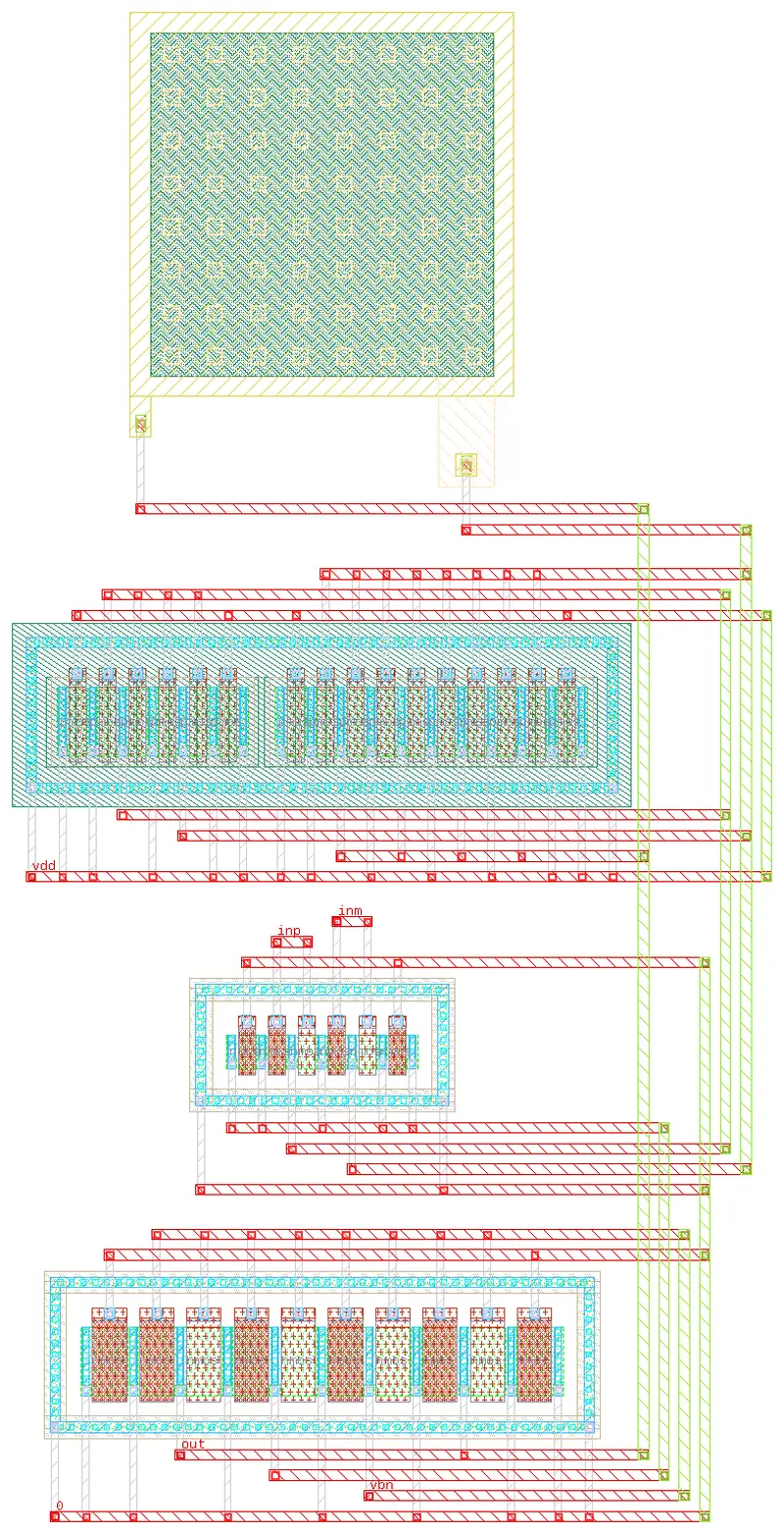 The two-stage op-amp's layout drawn from the GDS aispice generated: the matched transistor rows with dummies and guard rings beside the MIM compensation capacitor
