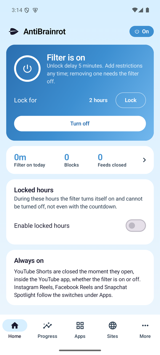 The Home tab of the Android app: a blue card that reads Filter is on with a power ring, a Lock for row and a Turn off button, then today's three numbers and the locked hours card