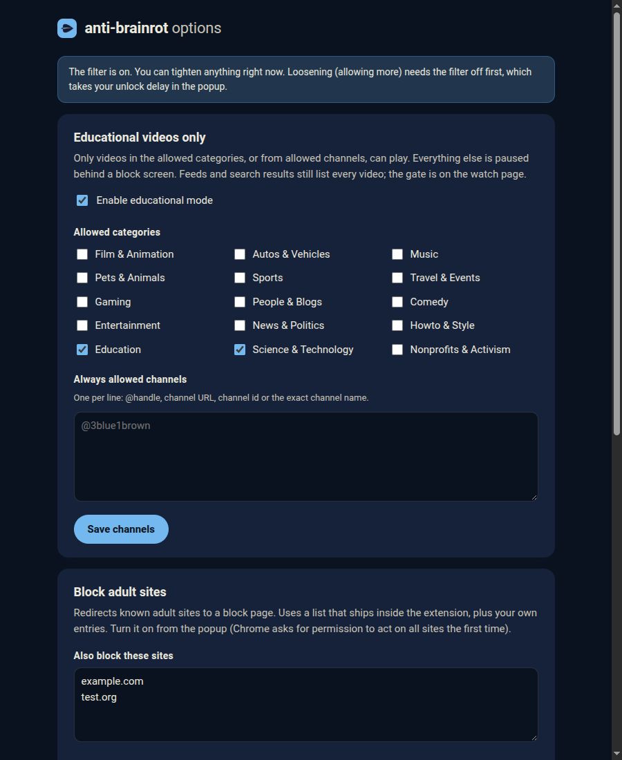 The options page: Educational videos only with a grid of category checkboxes, Education and Science and Technology ticked, a text box for always allowed channels, and below it the Block adult sites section