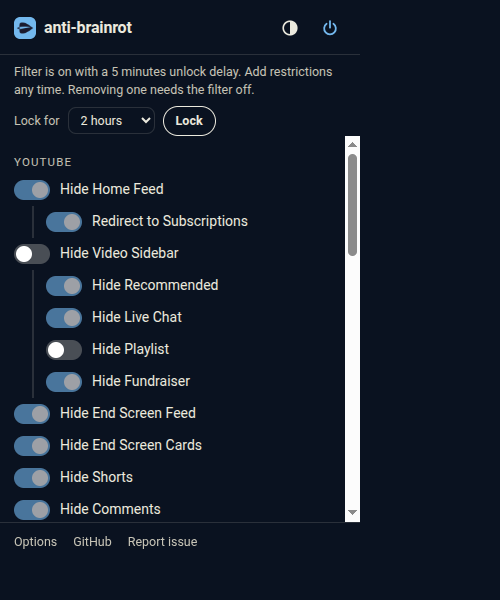 The popup with the filter on: a list of toggles such as Hide Home Feed, Hide Video Sidebar, Hide Shorts and Hide Comments