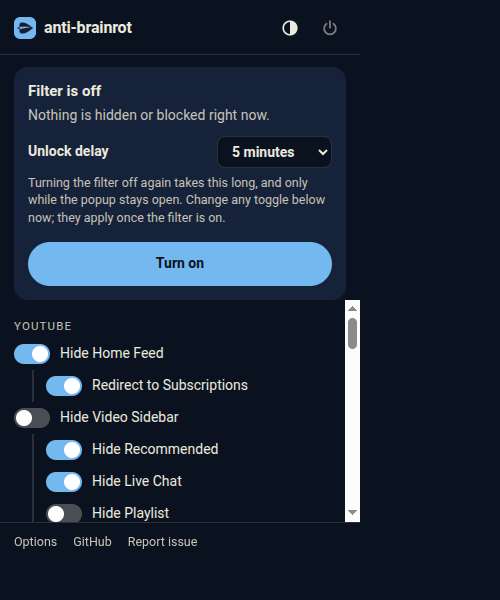 The popup with the filter off: a panel that reads Filter is off, an unlock delay picker set to 30 seconds, and a Turn on button above the greyed-out toggles