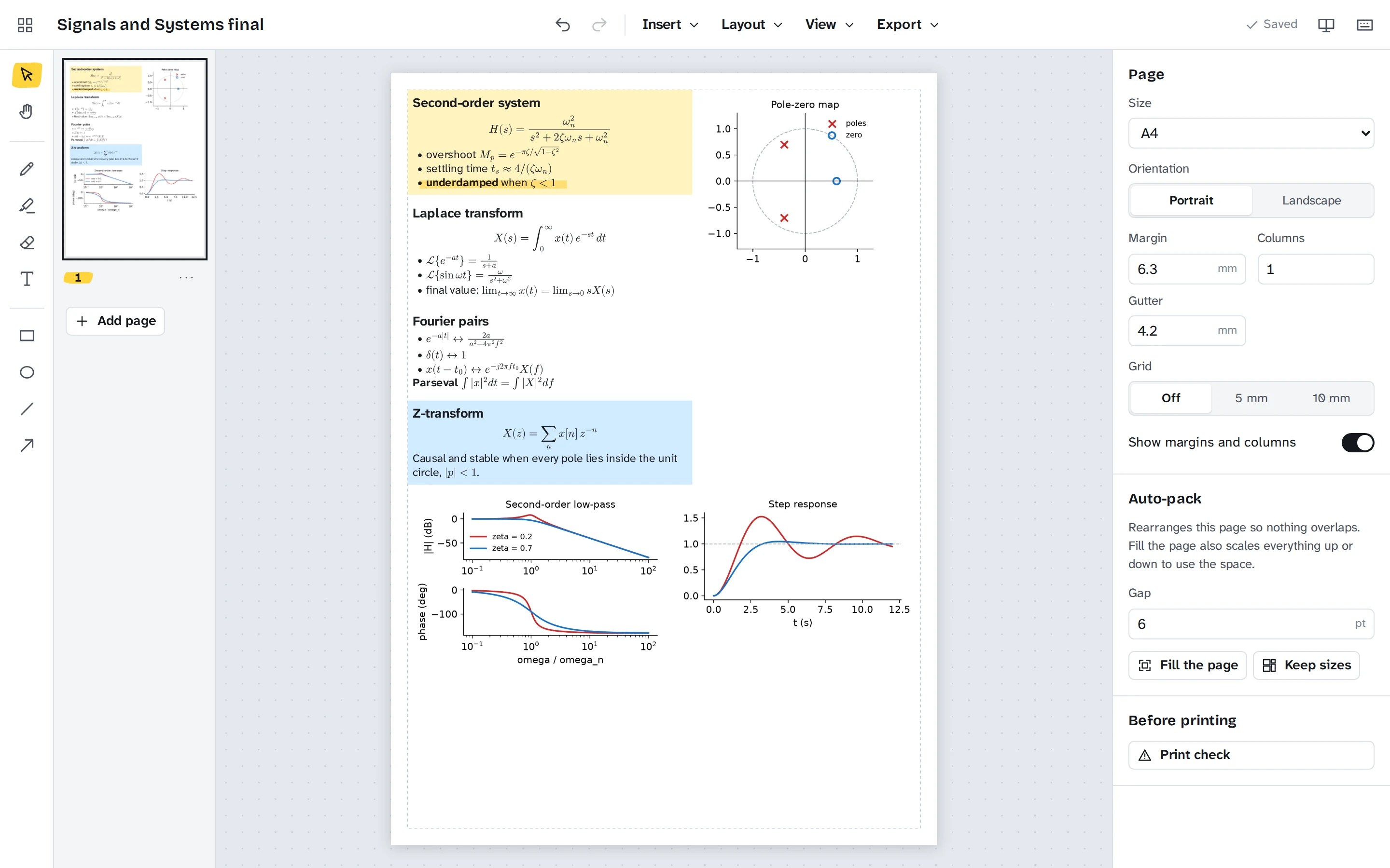 The Cheatsheet Maker editor with a Signals and Systems sheet: a Bode plot, a step response and a pole-zero map packed next to text boxes of typeset formulas, with the page thumbnails on the left and page settings on the right.