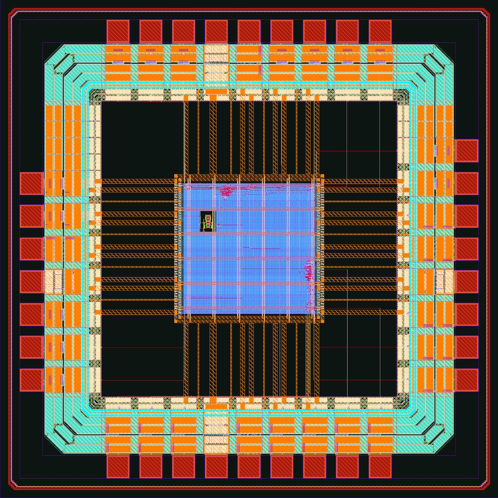 The uart_chip layout drawn from its GDS before fill: 33 bond pads and IHP's IO cells around the core, a comparator from aispice in the core, and the seal ring