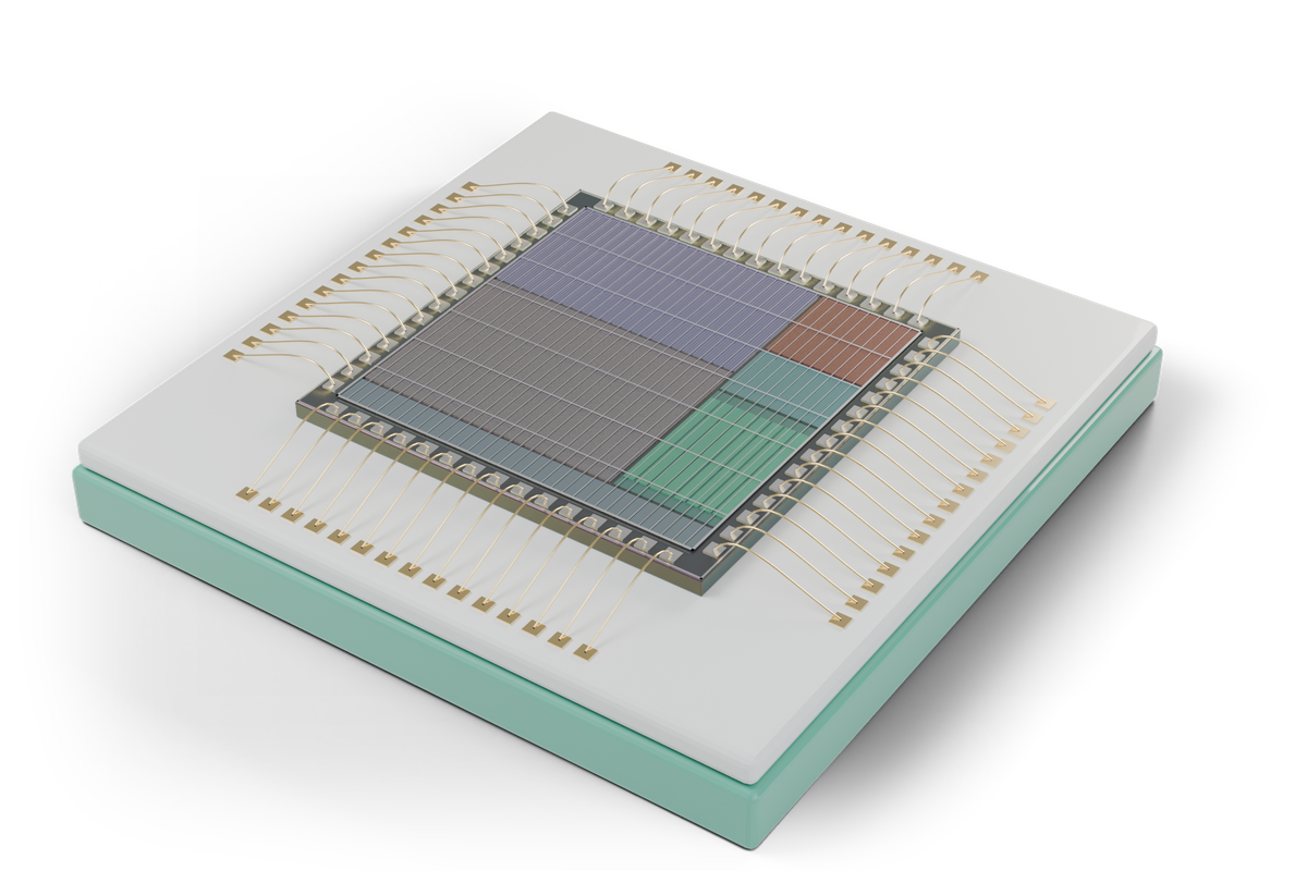 A rendered die designed by ChipLeap for SmolLM2 135M on the IHP SG13G2 open PDK: SRAM, logic, a GEMV engine and an octal PSRAM interface, bonded into a package.