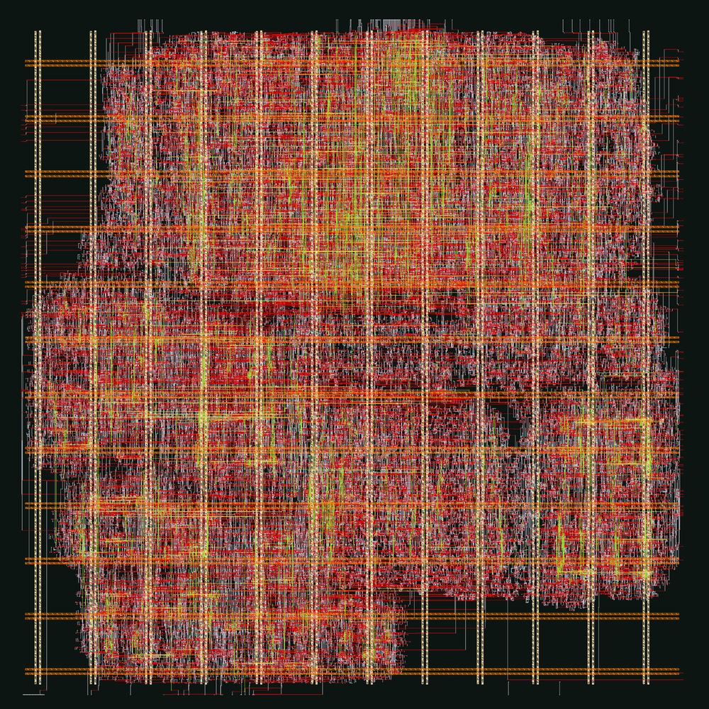 The routed layout of the 1 x 8 GEMV engine on IHP SG13G2: signal wires on four metal layers under the power grid