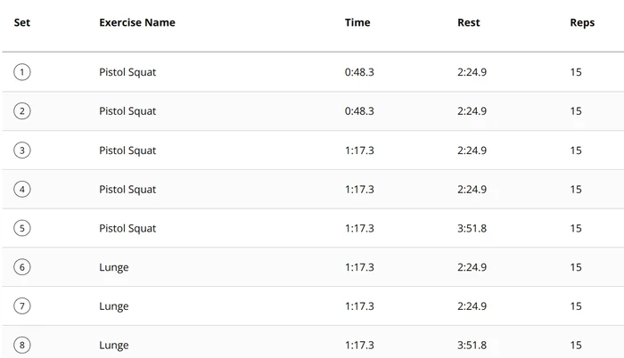 The same eight sets after flow E: five sets of Pistol Squat and three sets of Lunge.