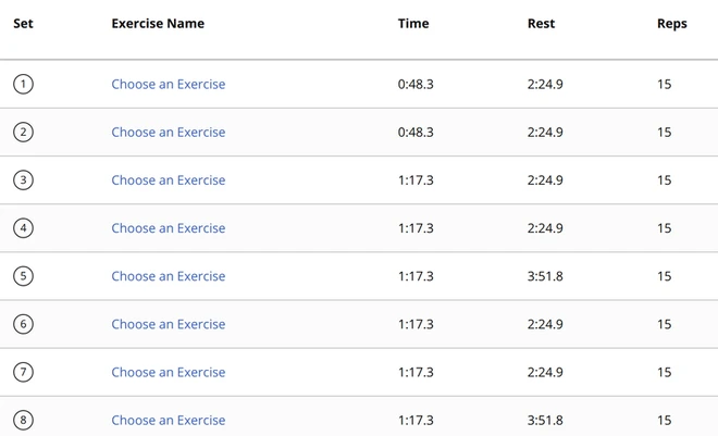 Garmin Connect set table for a merged strength activity. All eight sets show the placeholder Choose an Exercise.