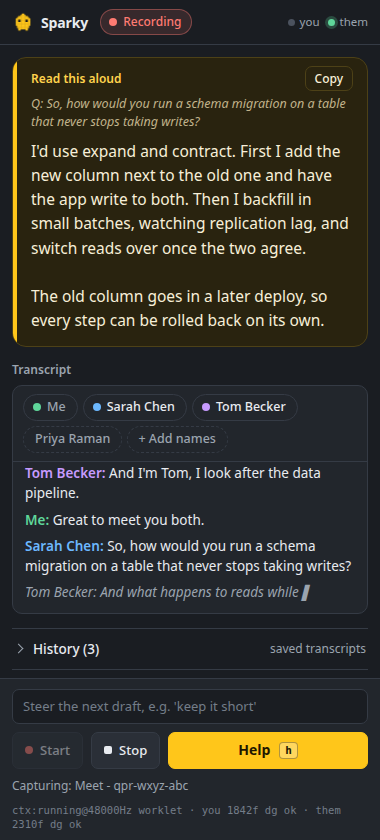 The Chrome side panel during a call: a drafted answer at the top, the People chips over the live transcript labelled by name, and the Start, Stop and Help controls docked at the bottom.