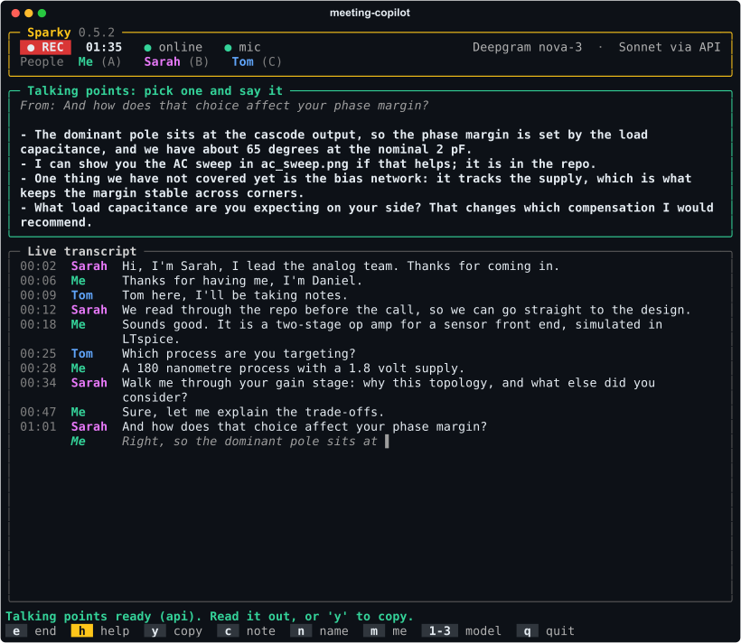 The terminal app mid-meeting: the draft box at the top holding first-person talking points, and below it the live transcript with each voice labelled by name.