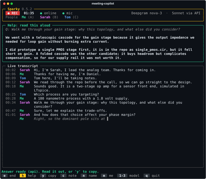 The terminal app mid-meeting: the draft box at the top holding a first-person answer to the last question, and below it the live transcript with each voice labelled by name.