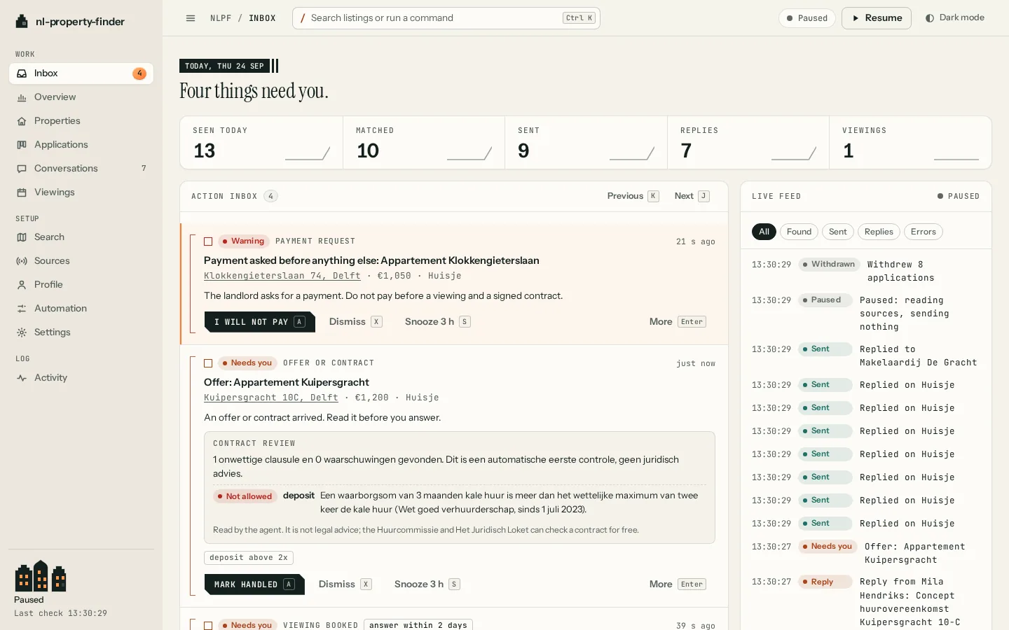 The dashboard in the light theme: the Action inbox with items that need a person, each with a drafted reply and buttons for its one-key actions, beside the live feed of what the agent did.