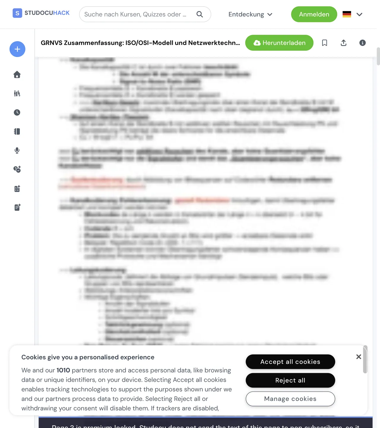 A premium-locked page in the viewer: the page stays blurred, and a dark label under it reads that page 3 is premium-locked because Studocu does not send its text to non-subscribers.