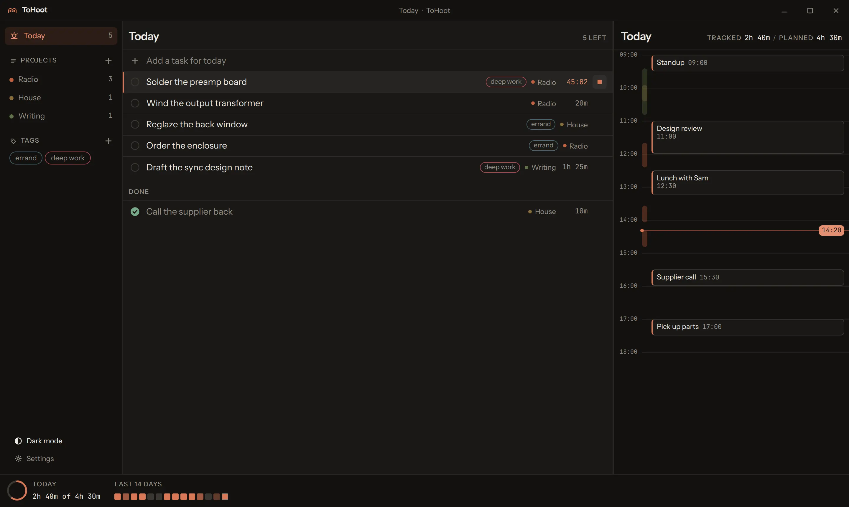 The ToHoot desktop app: a sidebar of projects and tags on the left, today's task list in the middle with a timer running on one task, and a day timeline on the right showing tracked time beside planned calendar events.