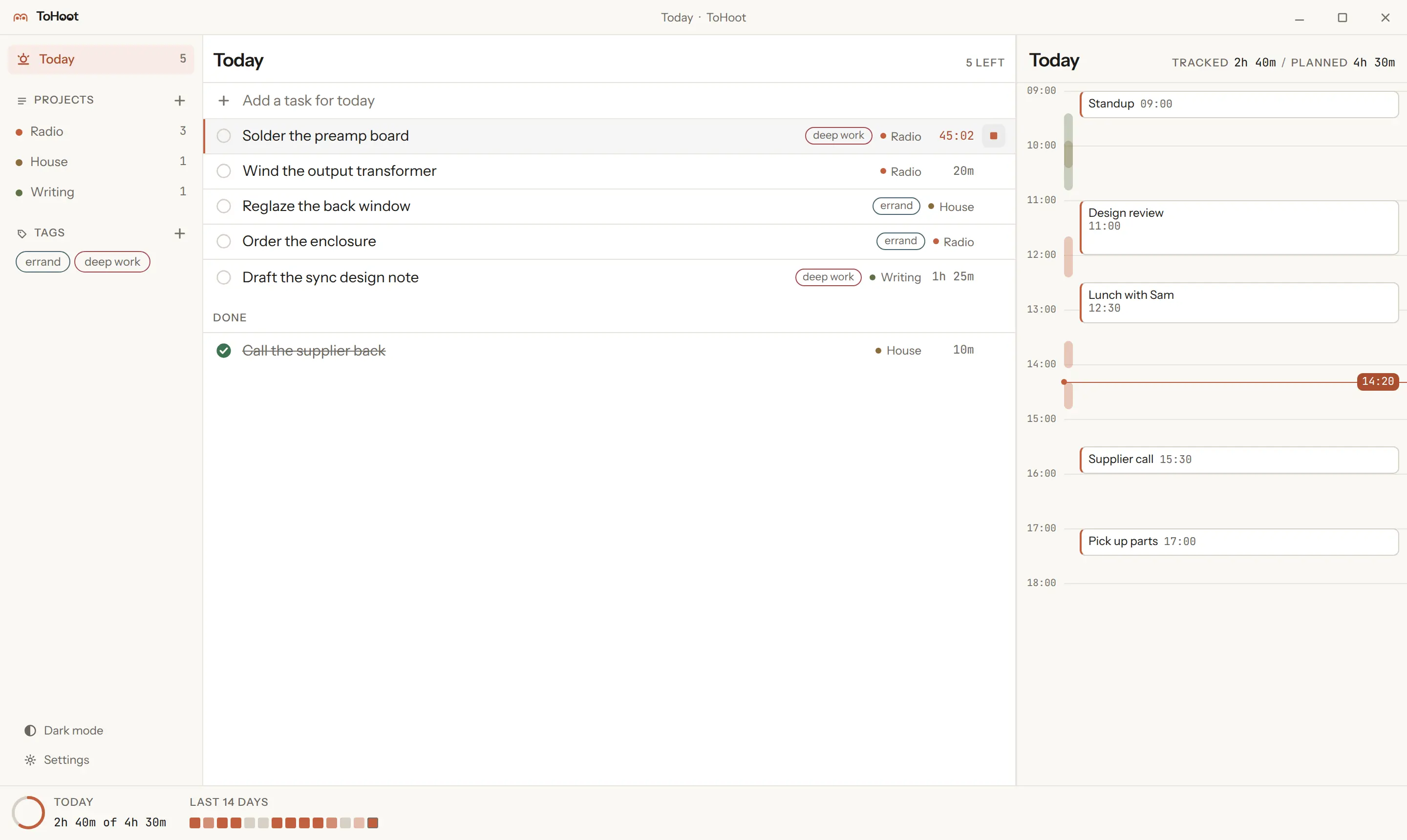 The ToHoot desktop app: a sidebar of projects and tags on the left, today's task list in the middle with a timer running on one task, and a day timeline on the right showing tracked time beside planned calendar events.
