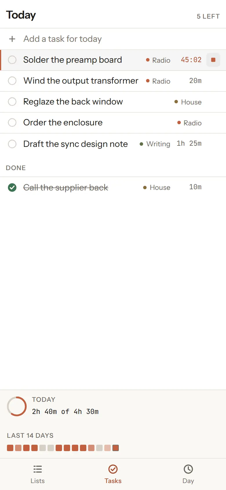 The same app on a phone: today's tasks each labelled with their project, a timer running on the first, a done section below, and the tracked total for the day with a fourteen-day strip.