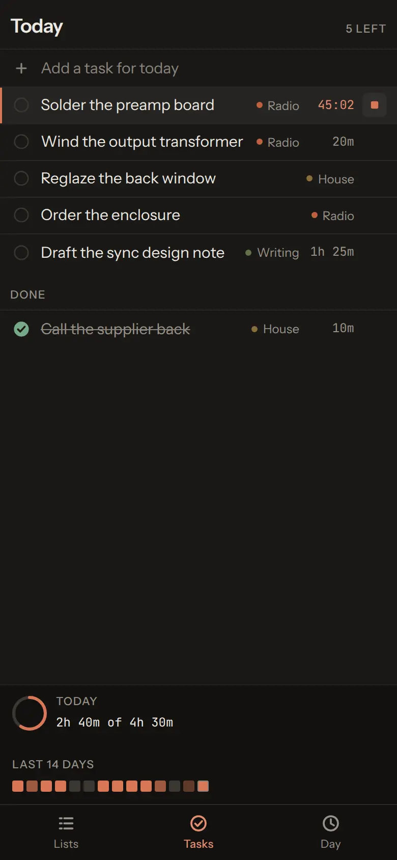 The same app on a phone: today's tasks each labelled with their project, a timer running on the first, a done section below, and the tracked total for the day with a fourteen-day strip.